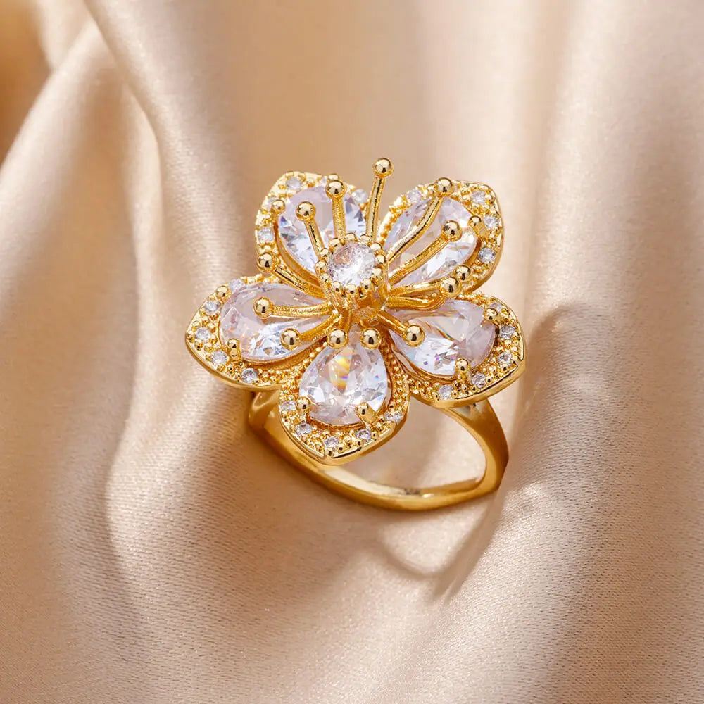 Zircon Flower Ring for Women | Gold Stainless Steel Floral Ring | Elegant Wedding Jewellery