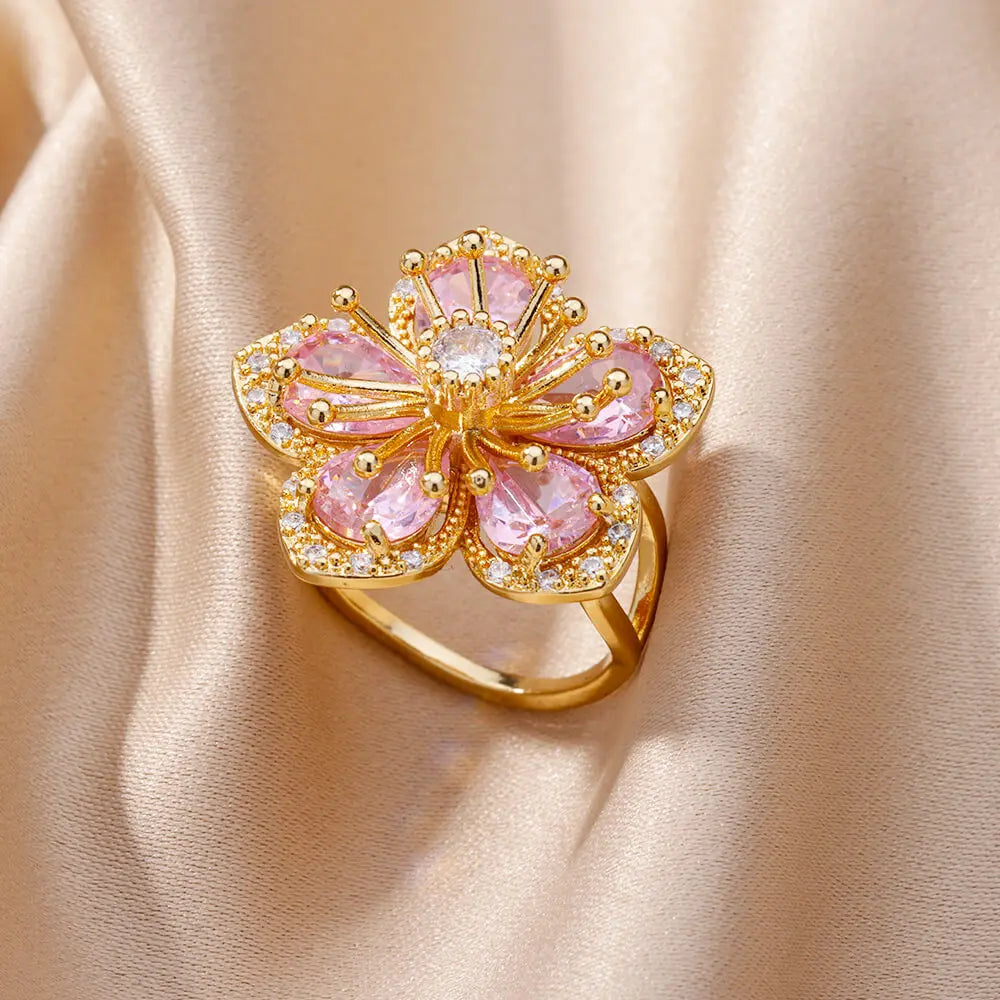 Zircon Flower Ring for Women | Gold Stainless Steel Floral Ring | Elegant Wedding Jewellery