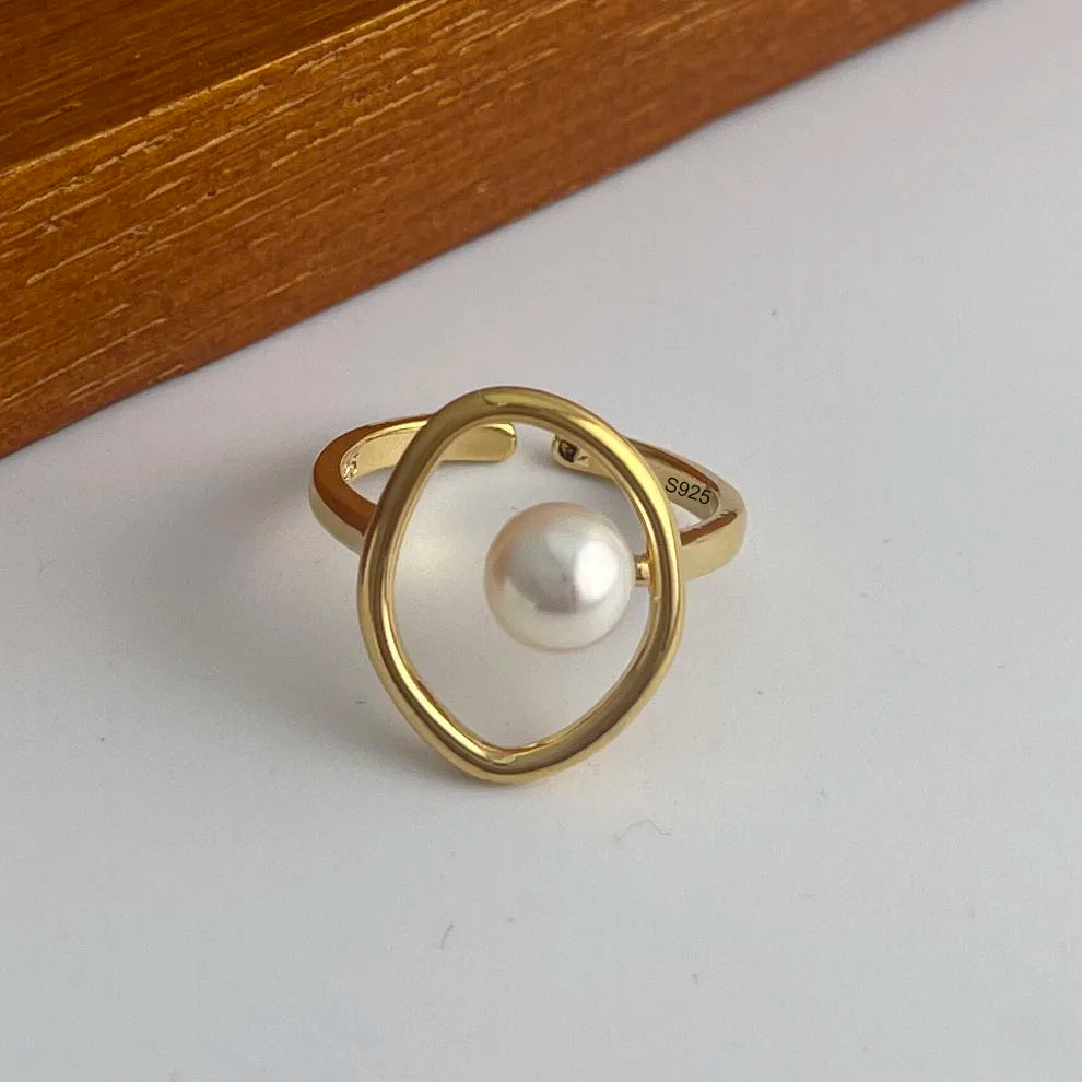 925 Sterling Silver Wide Pearl Open Ring | Vintage Gold Tone | Gift for Women & Men