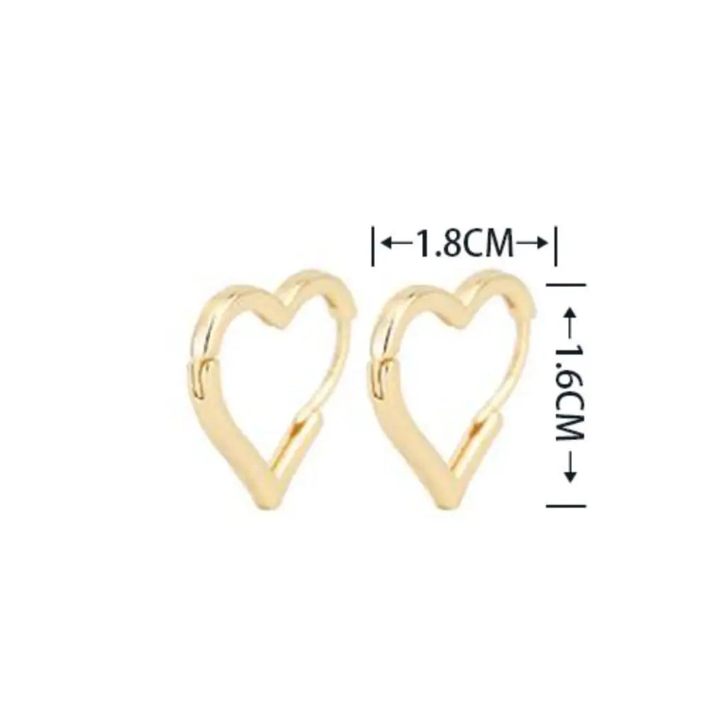Gold heart-shaped earrings with measurements on a white background