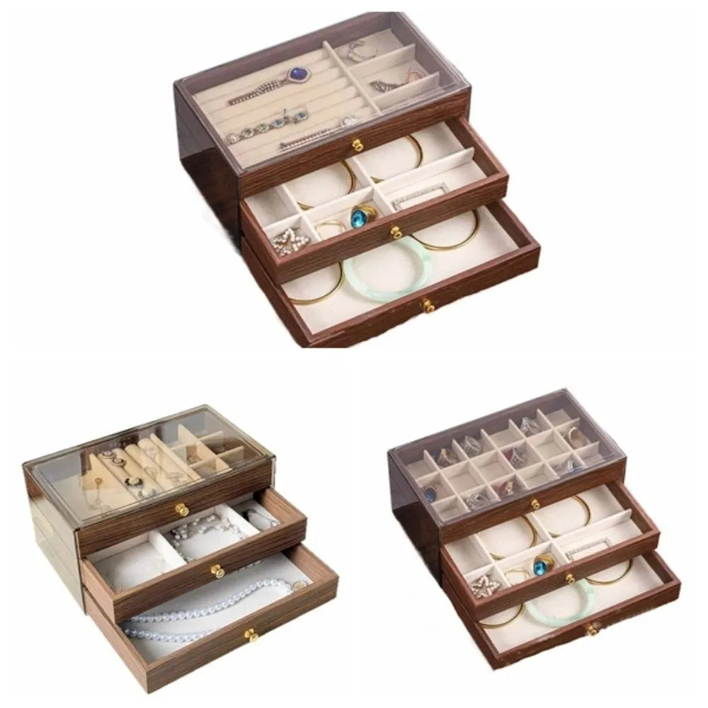 Multi-Layer Wooden Jewellery Box | Transparent Window Storage Case for Rings, Necklaces & Earrings
