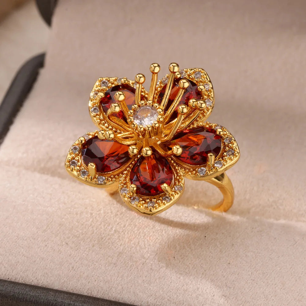 Zircon Flower Ring for Women | Gold Stainless Steel Floral Ring | Elegant Wedding Jewellery
