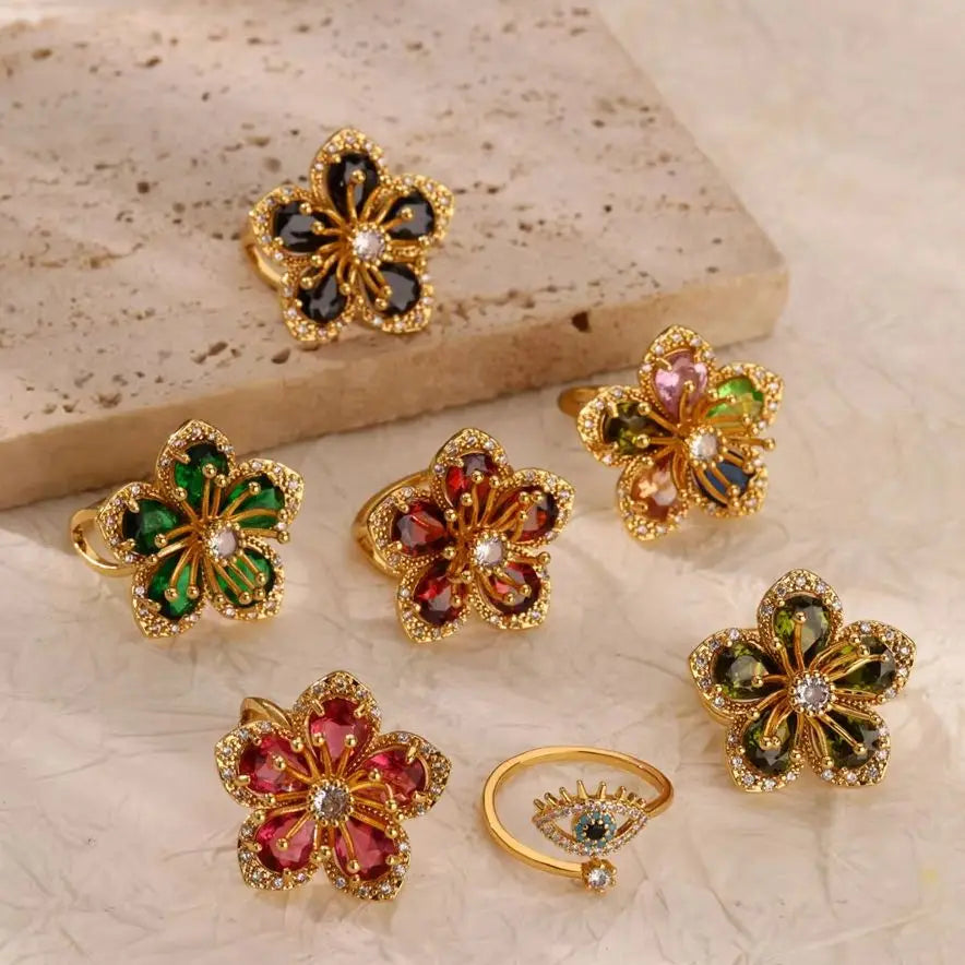Zircon Flower Ring for Women | Gold Stainless Steel Floral Ring | Elegant Wedding Jewellery