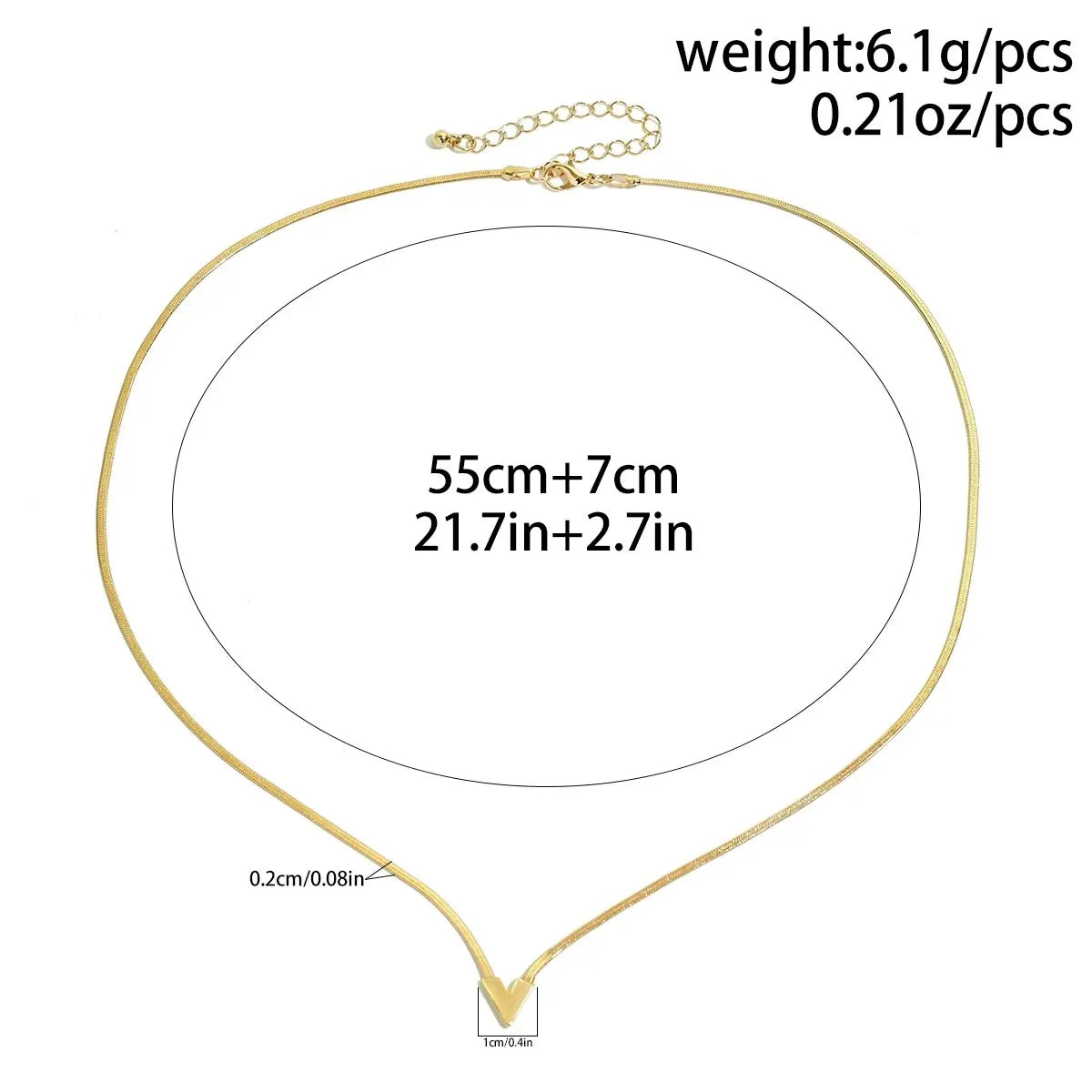 Gold necklace with measurement details on a white background