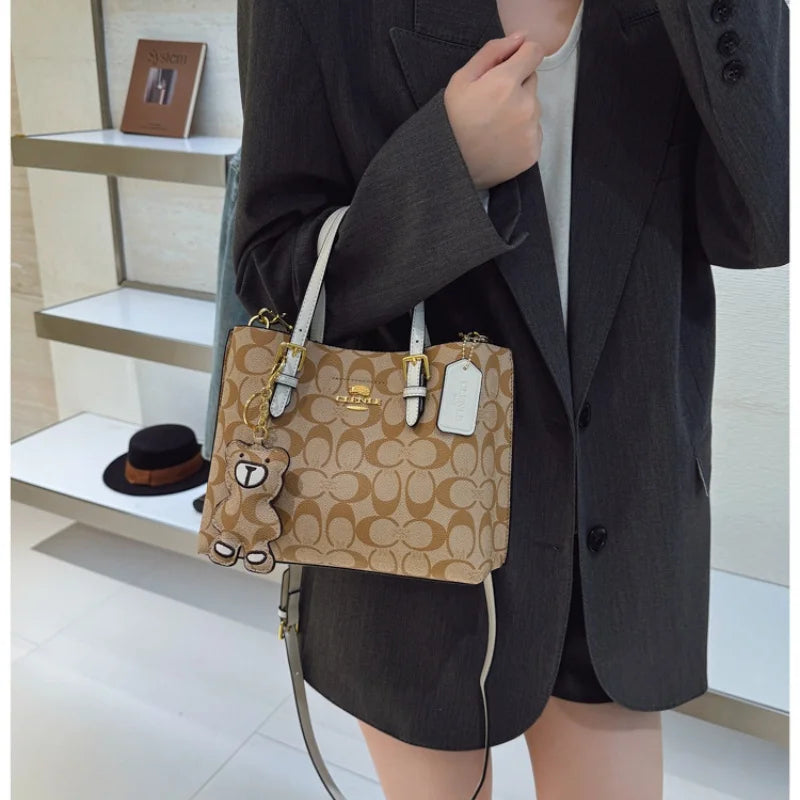 Elegant Monogram Tote Bag | Retro Leather Trim & Detachable Strap