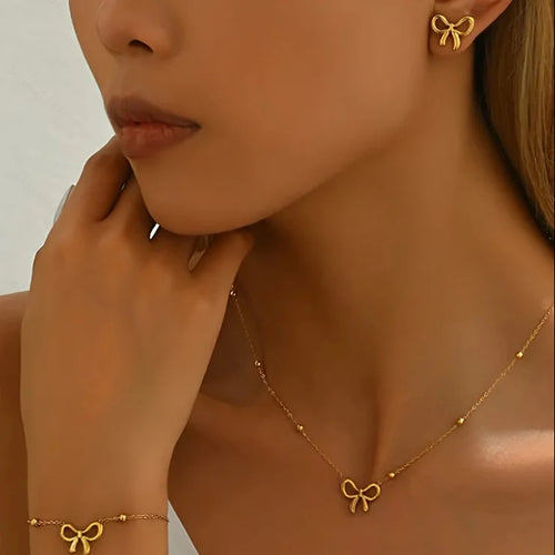 Gold Bowknot Jewelry Set for Women – Necklace, Bracelet & Earrings
