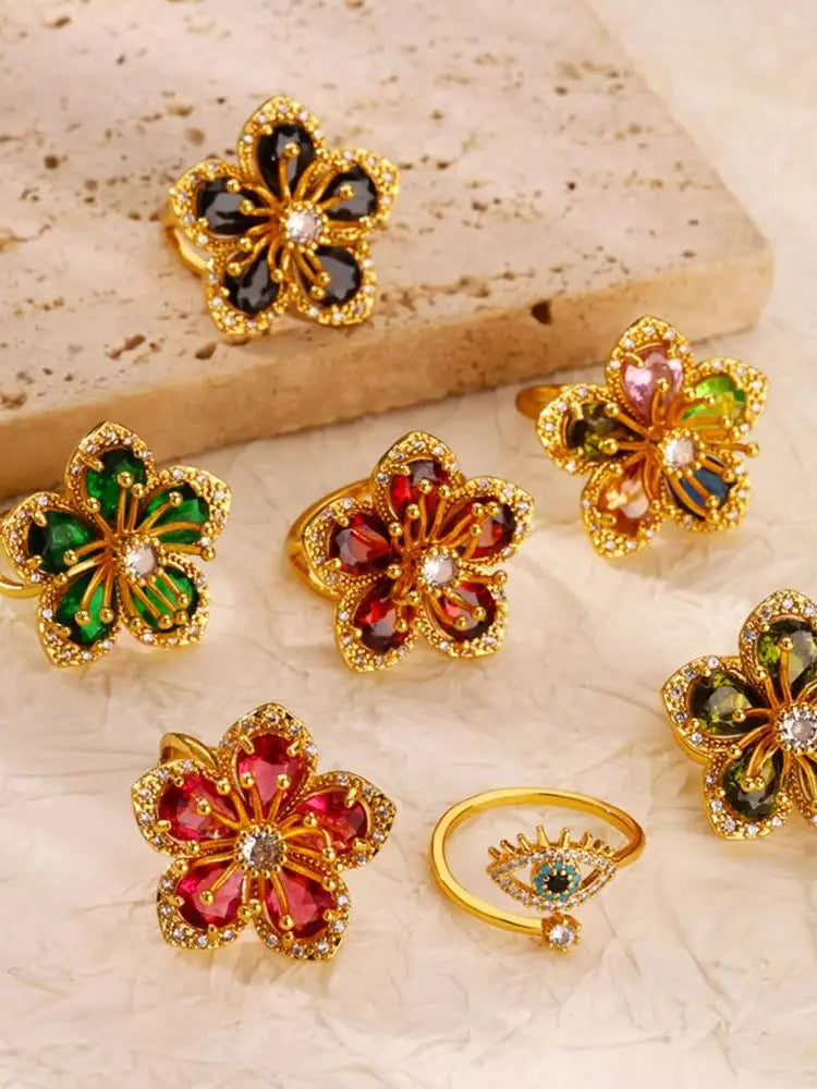 Zircon Flower Ring for Women | Gold Stainless Steel Floral Ring | Elegant Wedding Jewellery