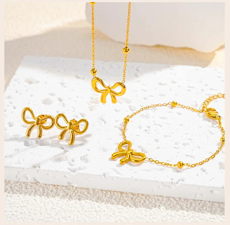 Gold Bowknot Jewelry Set for Women – Necklace, Bracelet & Earrings