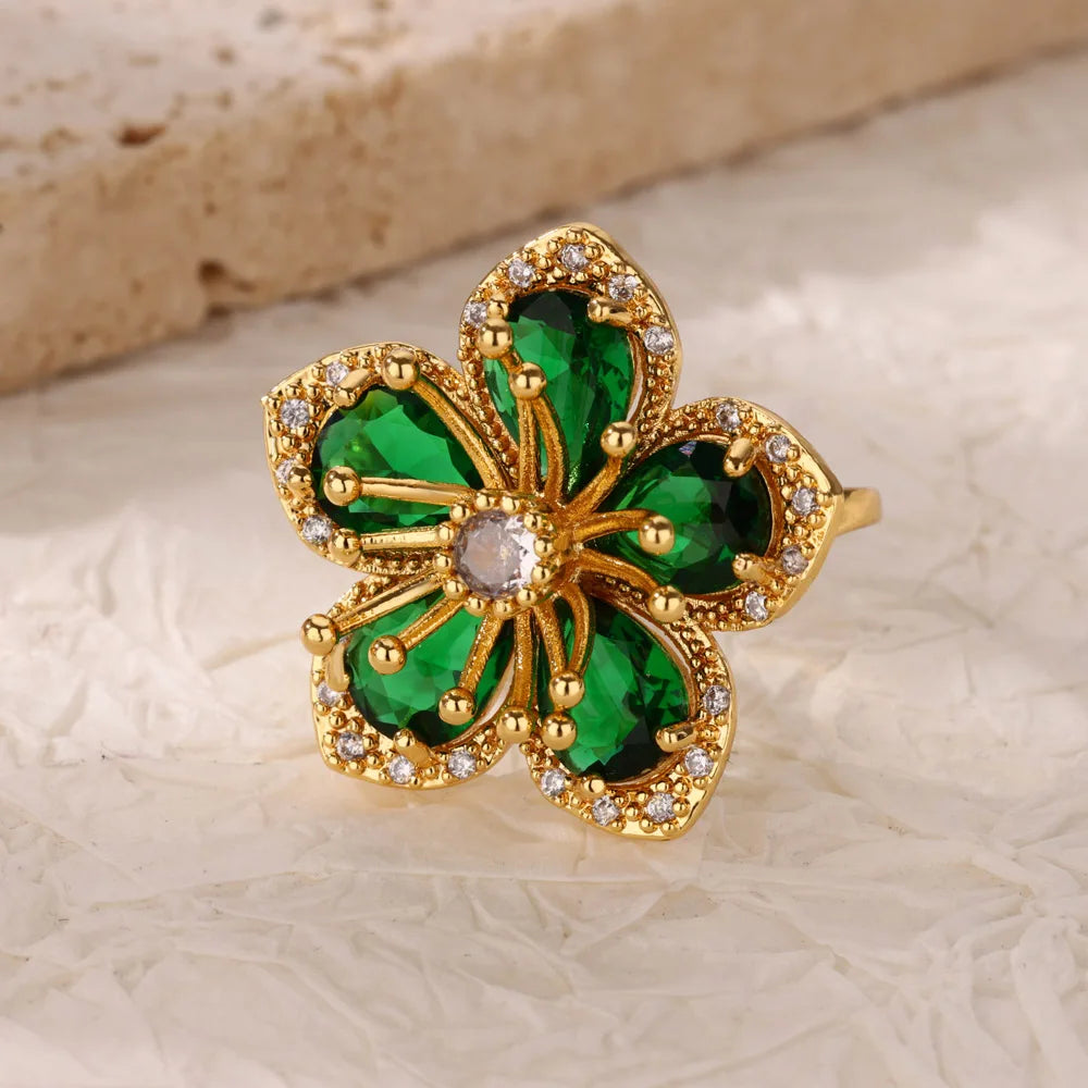 Zircon Flower Ring for Women | Gold Stainless Steel Floral Ring | Elegant Wedding Jewellery
