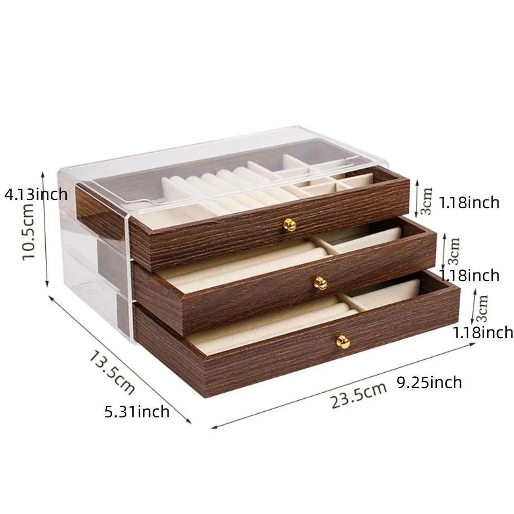 Multi-Layer Wooden Jewellery Box | Transparent Window Storage Case for Rings, Necklaces & Earrings