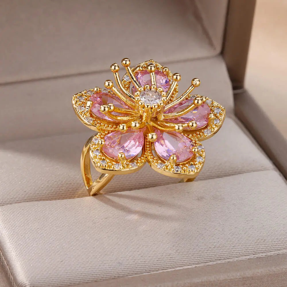 Zircon Flower Ring for Women | Gold Stainless Steel Floral Ring | Elegant Wedding Jewellery