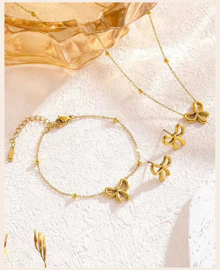 Gold Bowknot Jewelry Set for Women – Necklace, Bracelet & Earrings