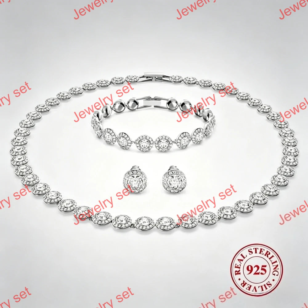 Silver-tone jewelry set with a necklace, bracelet, and matching earrings, each decorated with clear round and oval stones, shown on a light gray background with repeated 'Jewelry set' watermarks and a '925 Sterling Silver' badge.