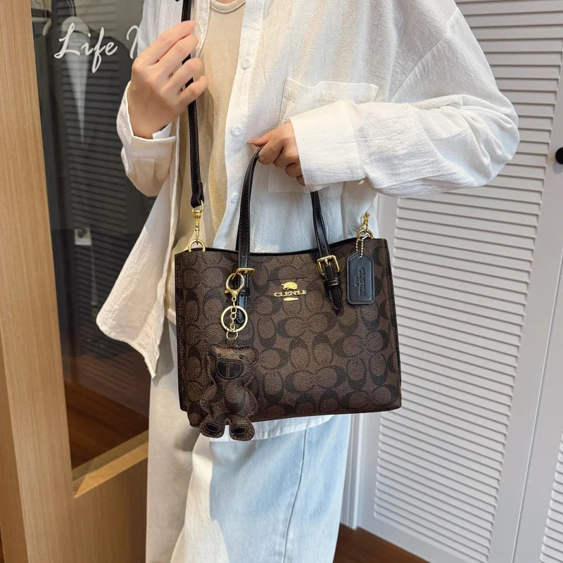 Elegant Monogram Tote Bag | Retro Leather Trim & Detachable Strap