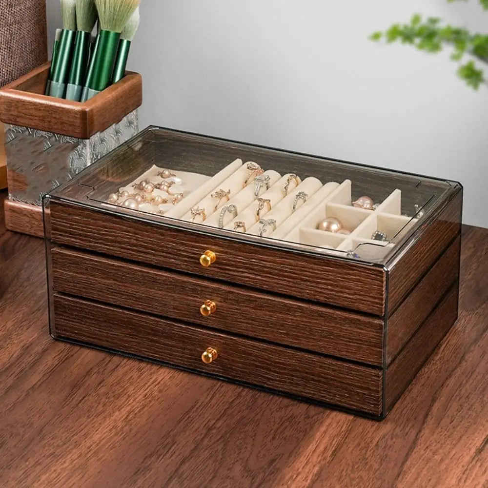 Multi-Layer Wooden Jewellery Box | Transparent Window Storage Case for Rings, Necklaces & Earrings