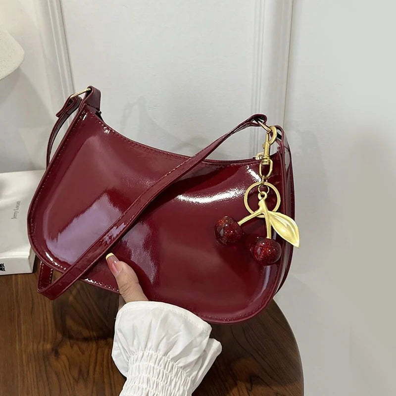 Women's PU Leather Shoulder Bag | Cherry Pendant | Casual Chic Handbag