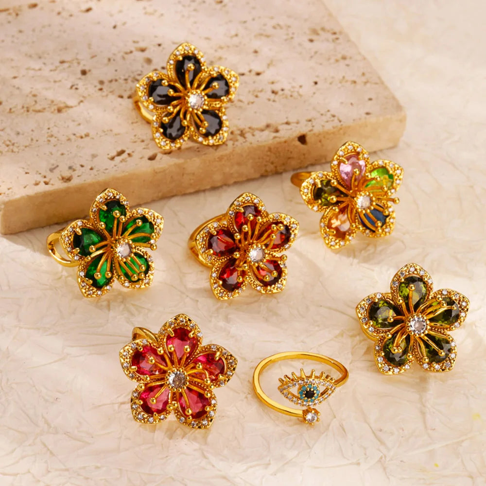 Zircon Flower Ring for Women | Gold Stainless Steel Floral Ring | Elegant Wedding Jewellery