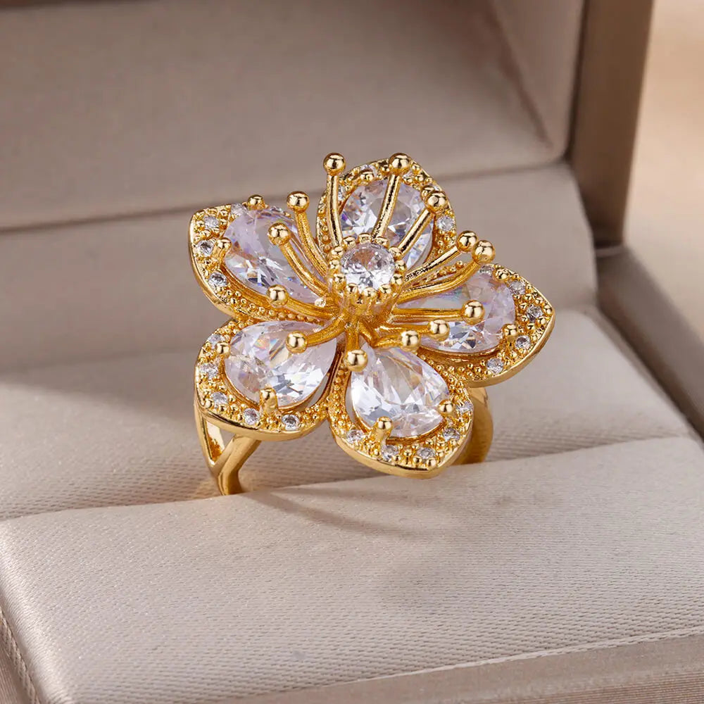 Zircon Flower Ring for Women | Gold Stainless Steel Floral Ring | Elegant Wedding Jewellery