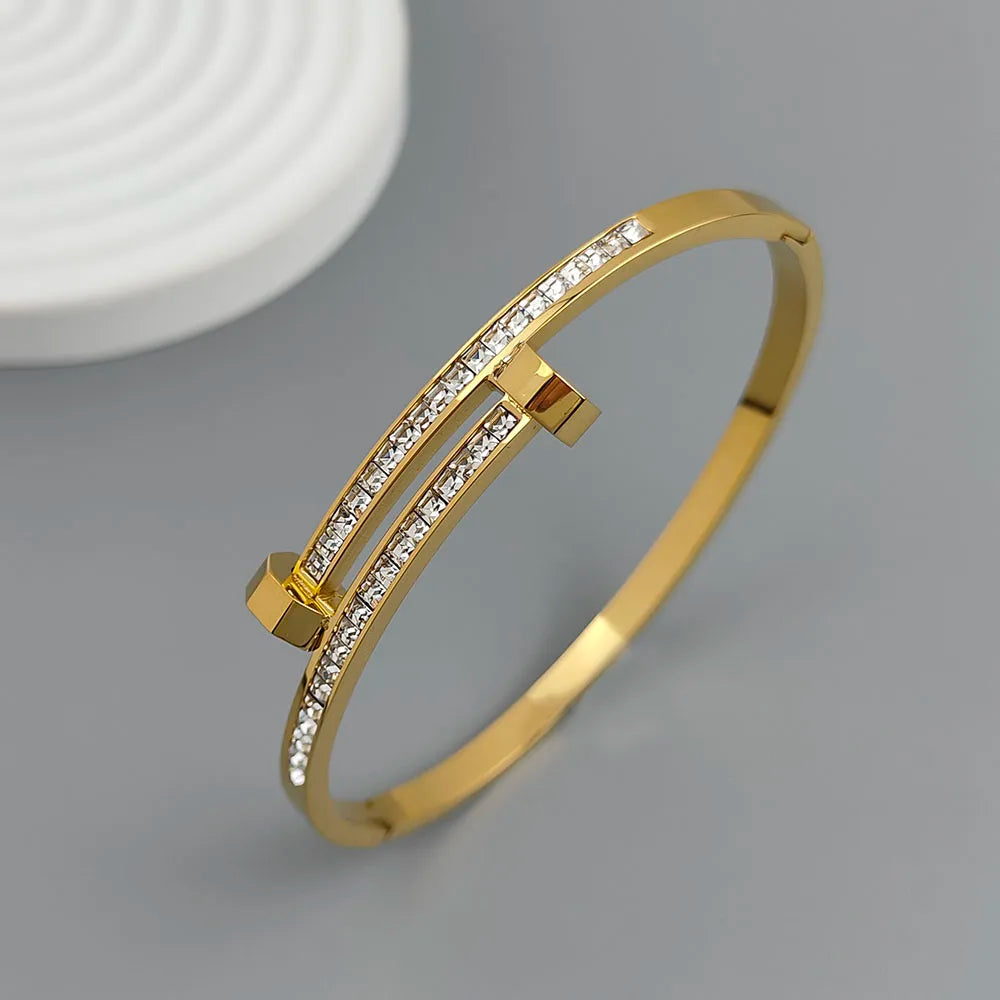 18K Gold-Plated Nail Zircon Waterproof Bracelet – Couple & Wife Gift