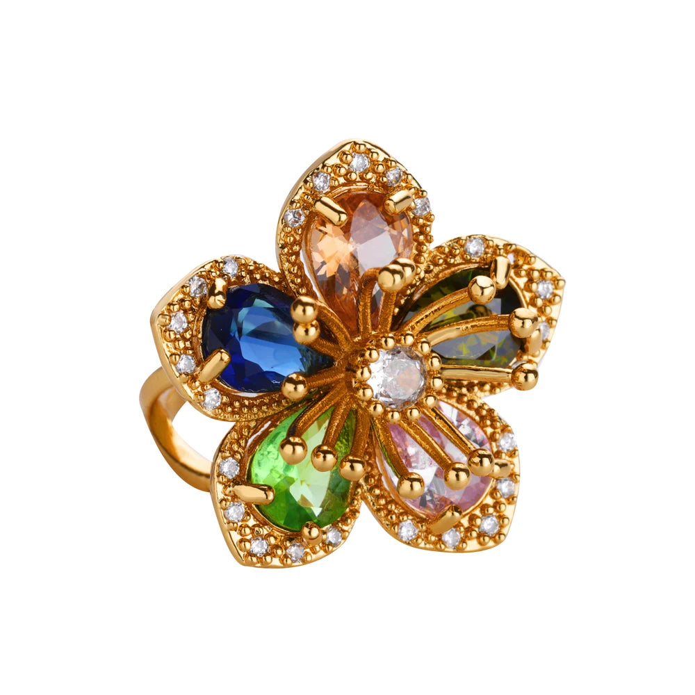 Zircon Flower Ring for Women | Gold Stainless Steel Floral Ring | Elegant Wedding Jewellery