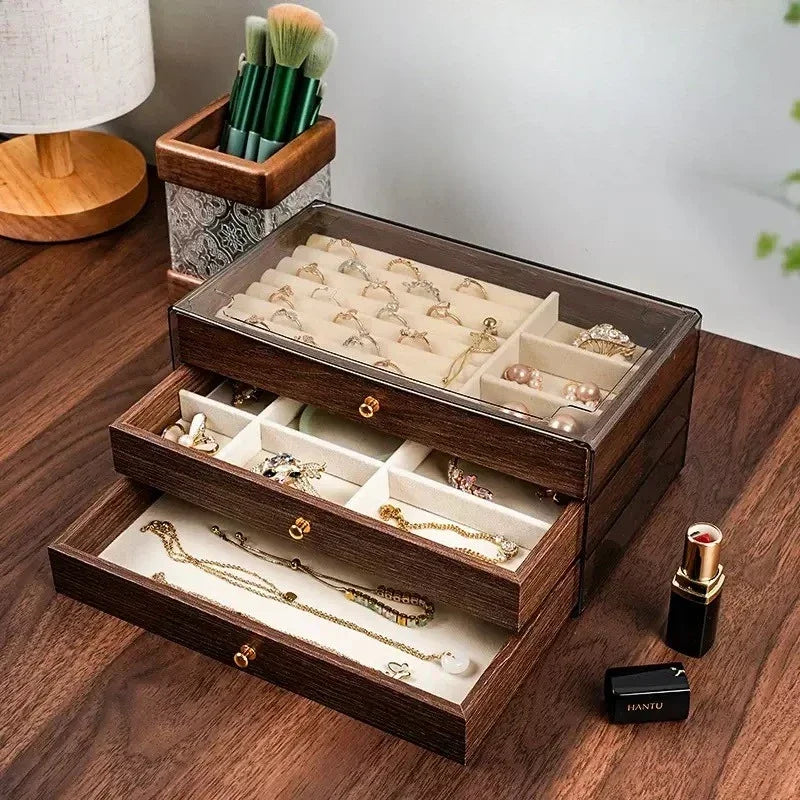 Multi-Layer Wooden Jewellery Box | Transparent Window Storage Case for Rings, Necklaces & Earrings