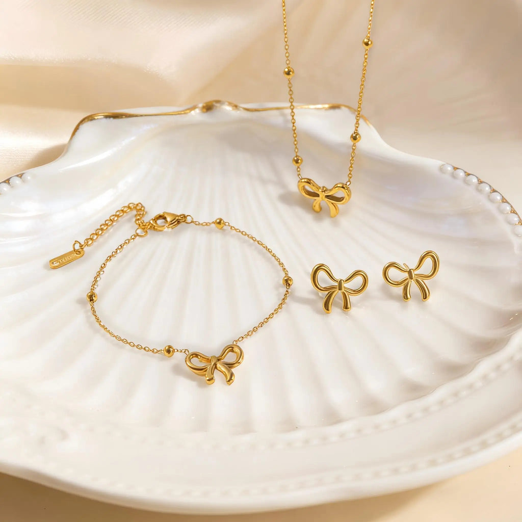 Gold Bowknot Jewelry Set for Women – Necklace, Bracelet & Earrings