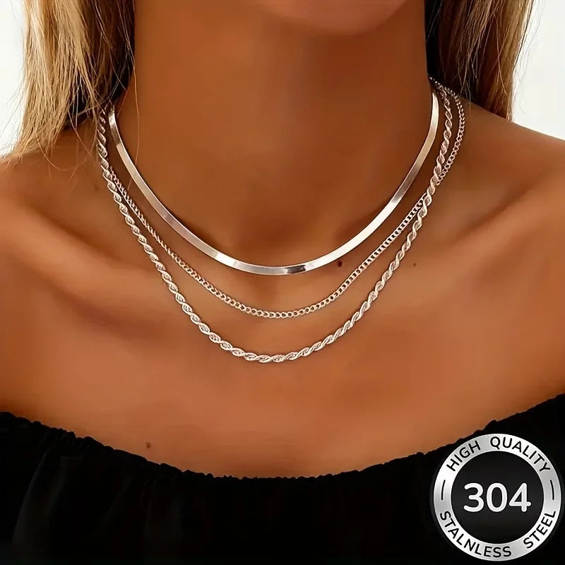 Minimalist Three-Layer Stainless Steel Necklace for Women