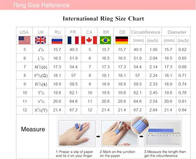 International Ring Size Chart with measurements for various countries