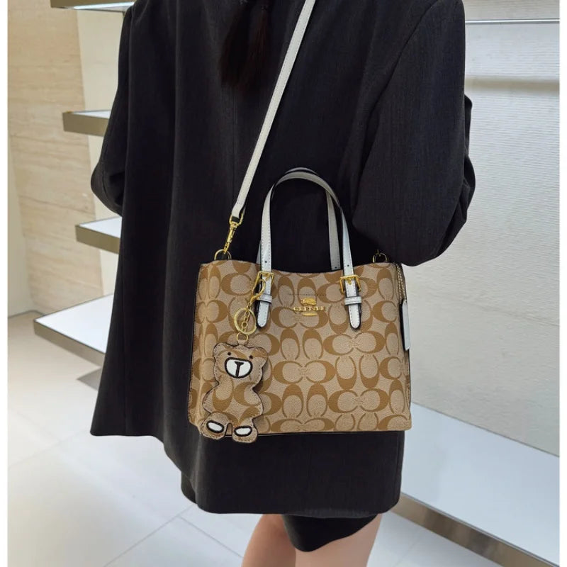 Elegant Monogram Tote Bag | Retro Leather Trim & Detachable Strap