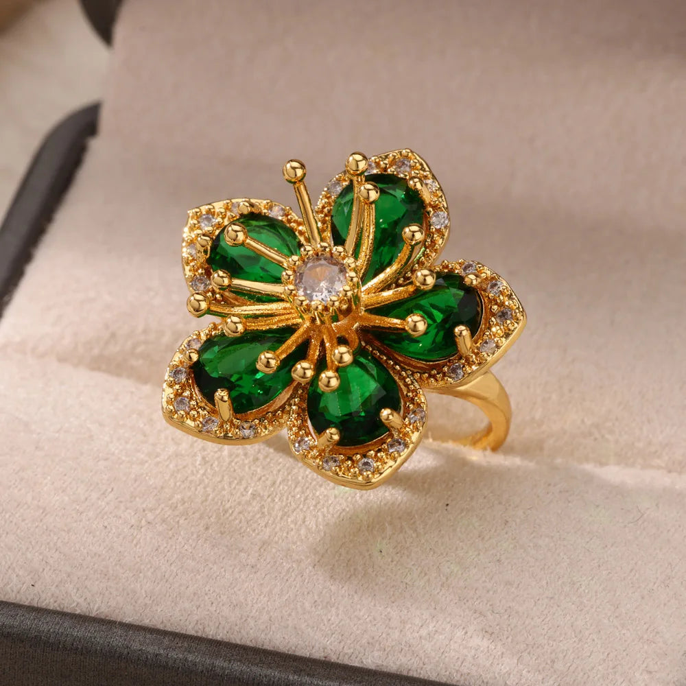 Zircon Flower Ring for Women | Gold Stainless Steel Floral Ring | Elegant Wedding Jewellery