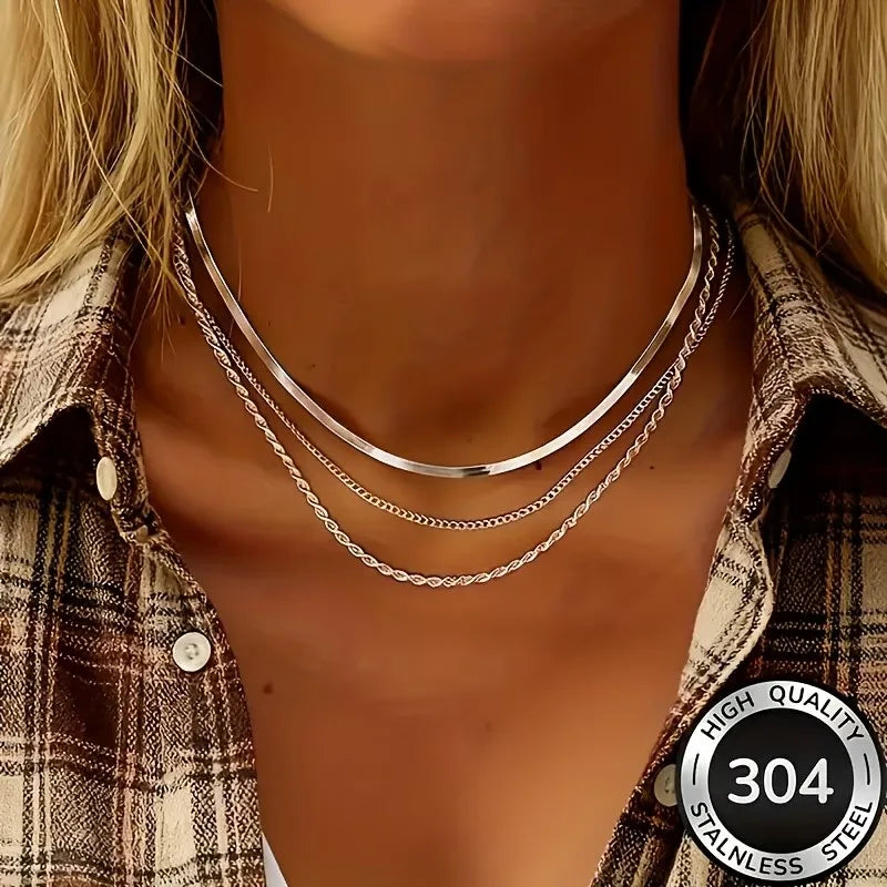 Minimalist Three-Layer Stainless Steel Necklace for Women