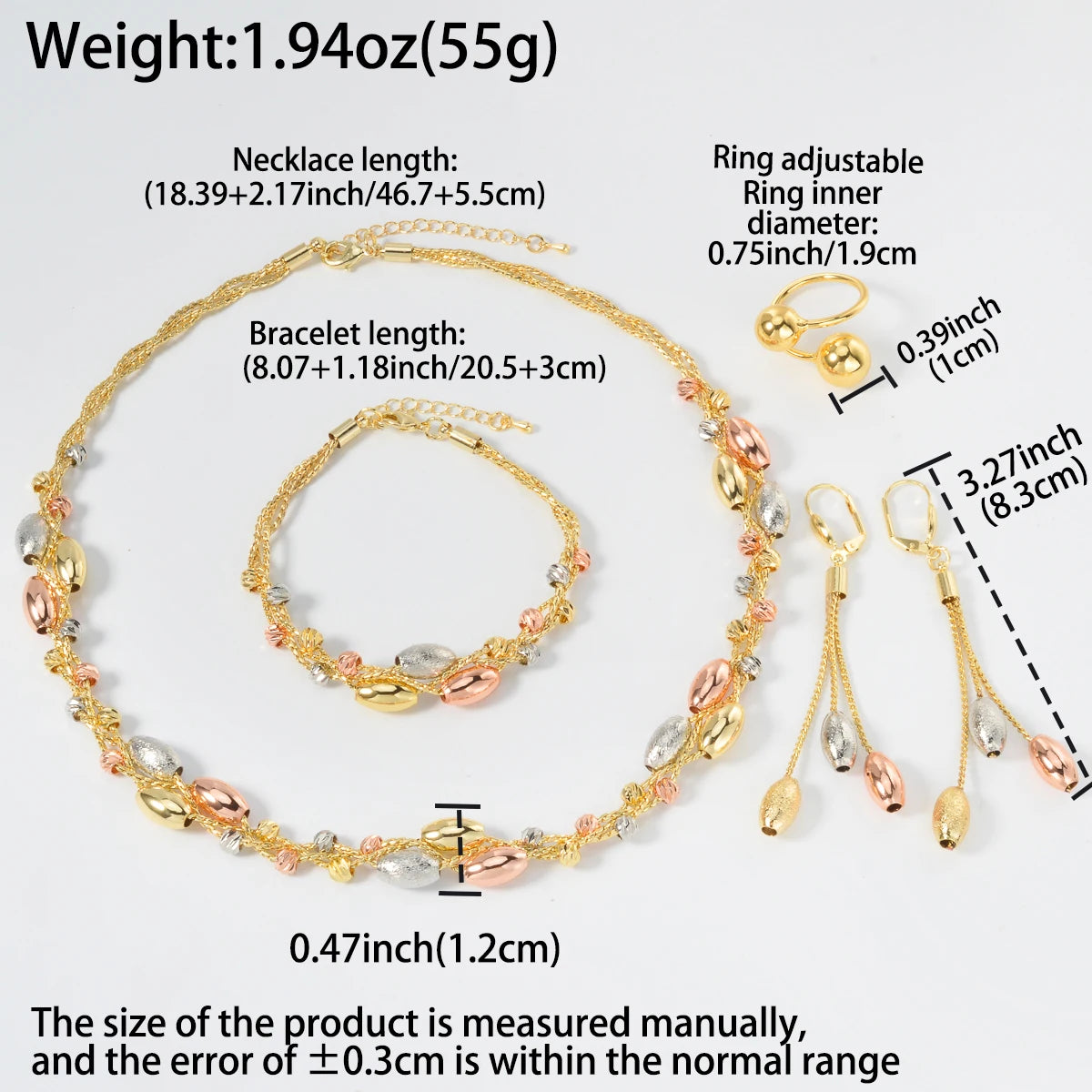 Jewelry set with necklace, bracelet, ring, and earrings, including measurements.