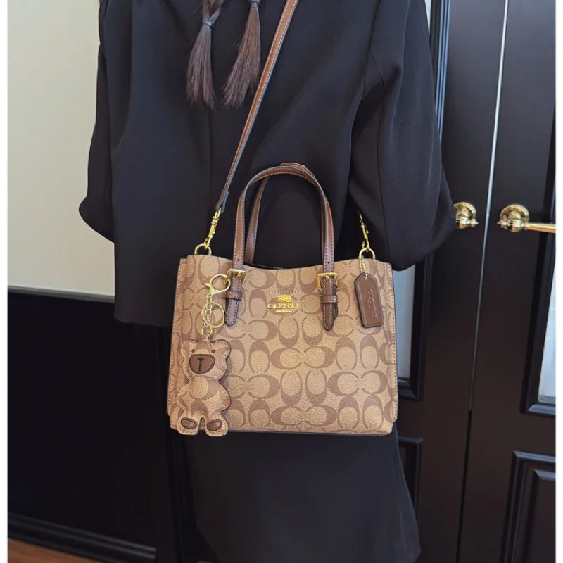 Elegant Monogram Tote Bag | Retro Leather Trim & Detachable Strap