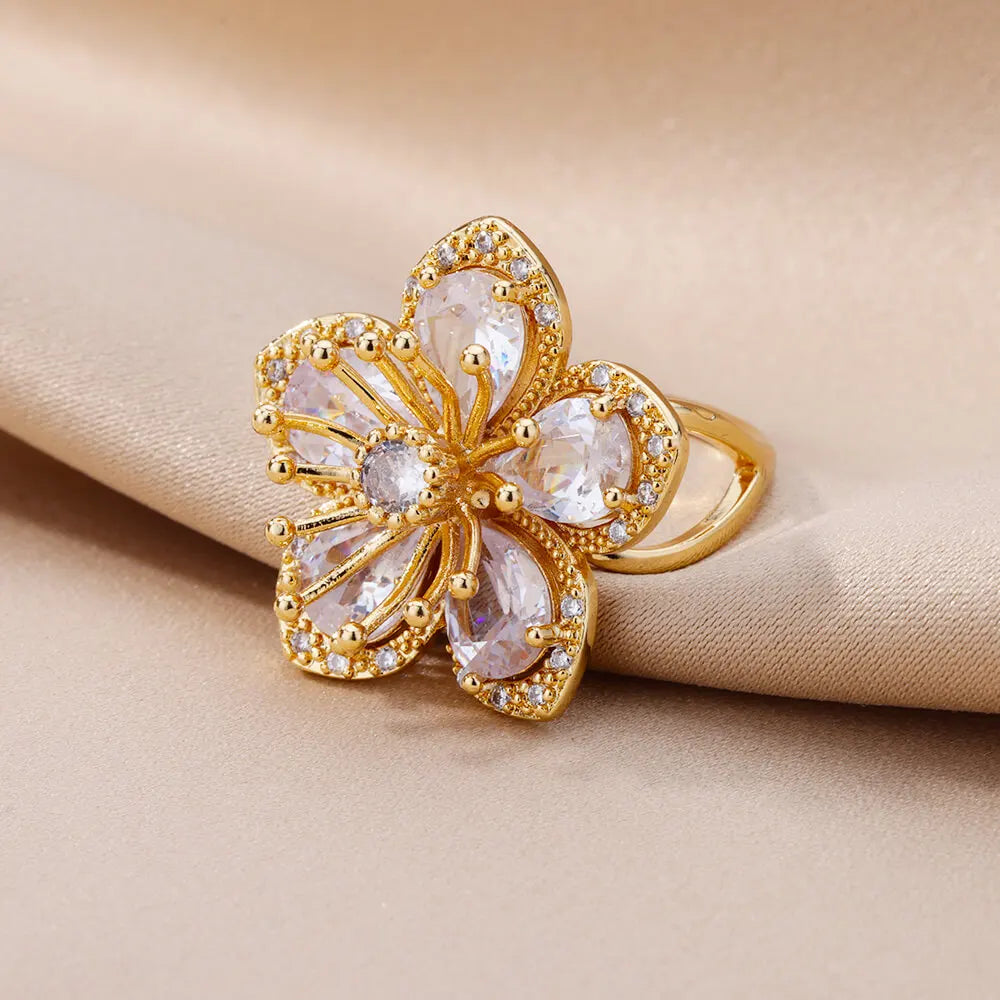 Zircon Flower Ring for Women | Gold Stainless Steel Floral Ring | Elegant Wedding Jewellery