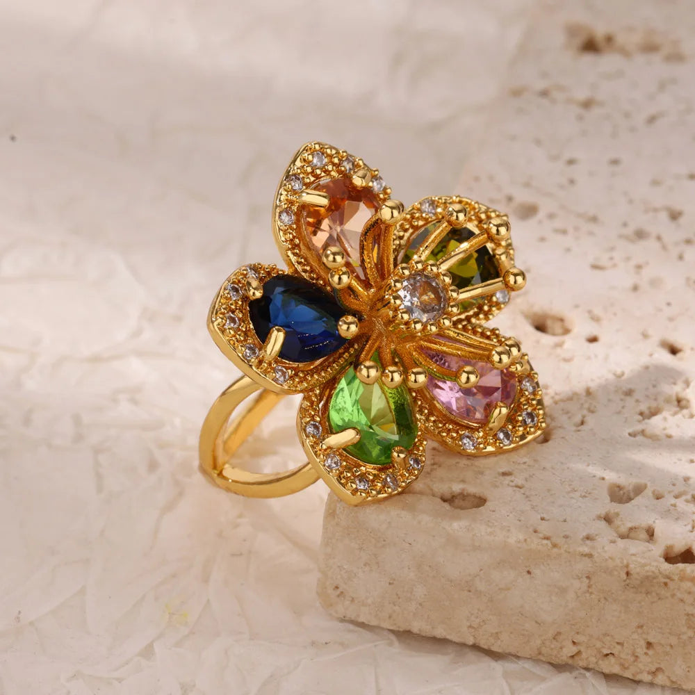 Zircon Flower Ring for Women | Gold Stainless Steel Floral Ring | Elegant Wedding Jewellery