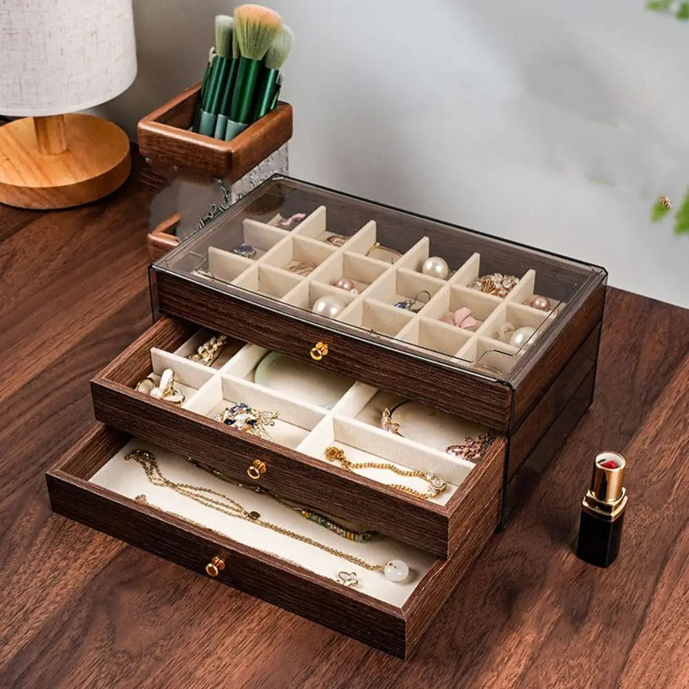 Multi-Layer Wooden Jewellery Box | Transparent Window Storage Case for Rings, Necklaces & Earrings