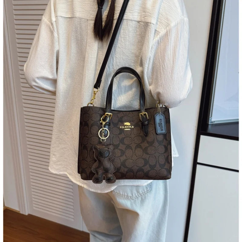 Elegant Monogram Tote Bag | Retro Leather Trim & Detachable Strap