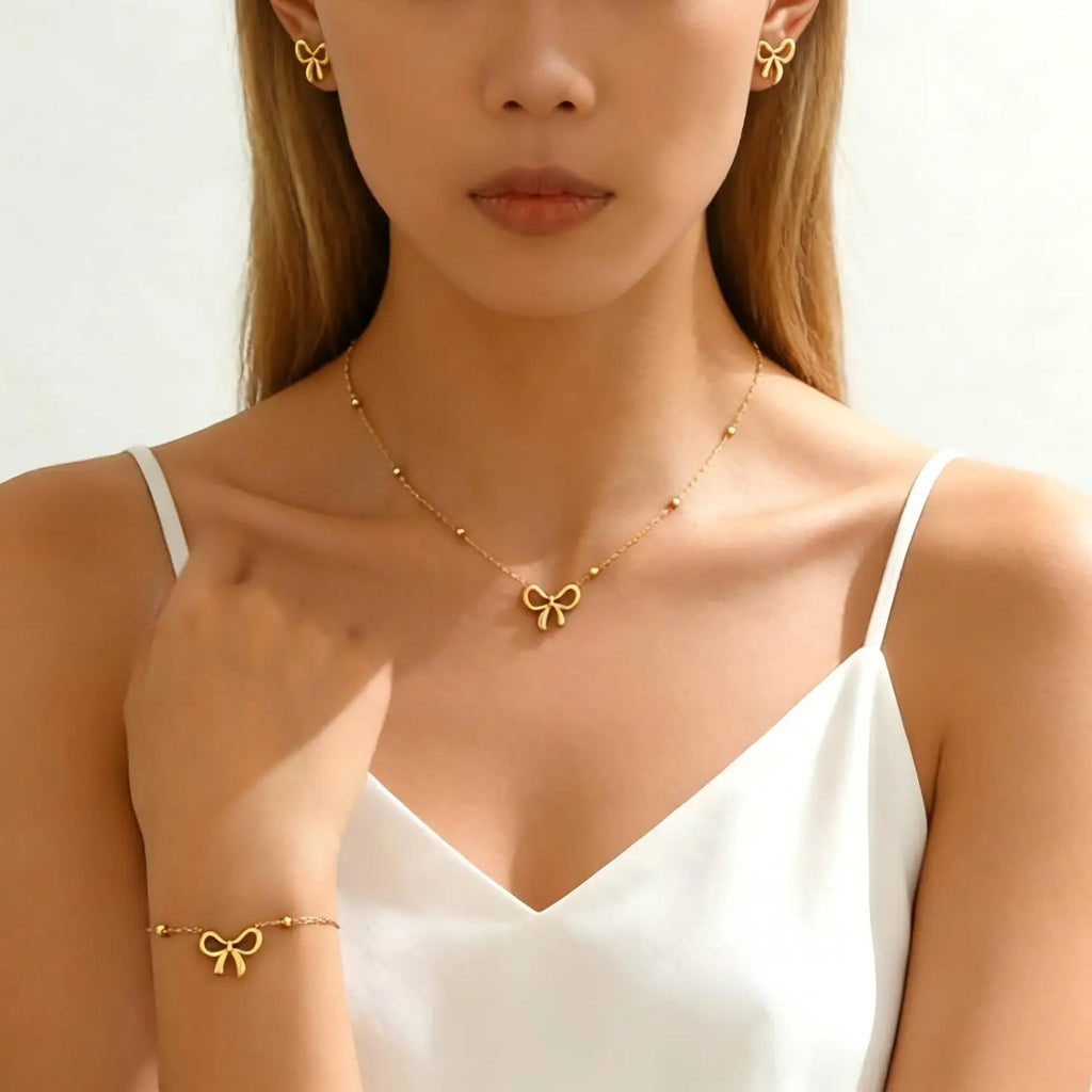 Gold Bowknot Jewelry Set for Women – Necklace, Bracelet & Earrings