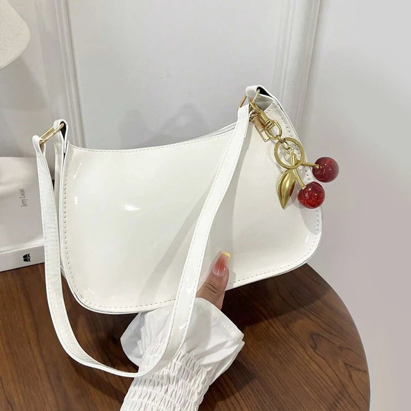 Women's PU Leather Shoulder Bag | Cherry Pendant | Casual Chic Handbag