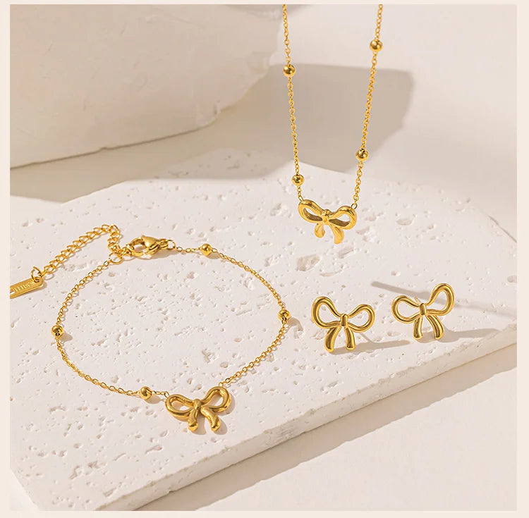 Gold Bowknot Jewelry Set for Women – Necklace, Bracelet & Earrings