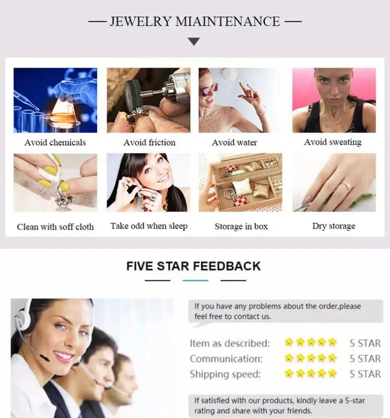 Jewelry maintenance tips with images and a customer service representative, featuring five-star feedback.