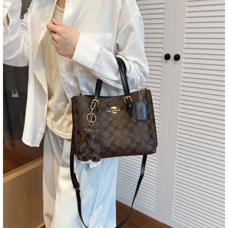 Elegant Monogram Tote Bag | Retro Leather Trim & Detachable Strap