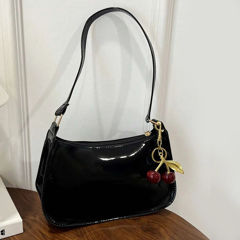 Women's PU Leather Shoulder Bag | Cherry Pendant | Casual Chic Handbag