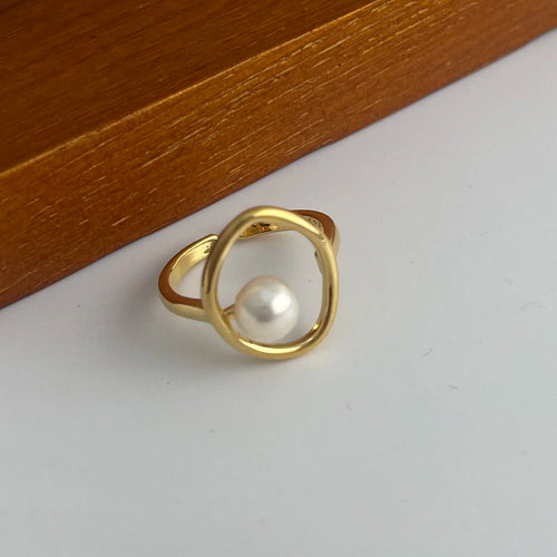 925 Sterling Silver Wide Pearl Open Ring | Vintage Gold Tone | Gift for Women & Men