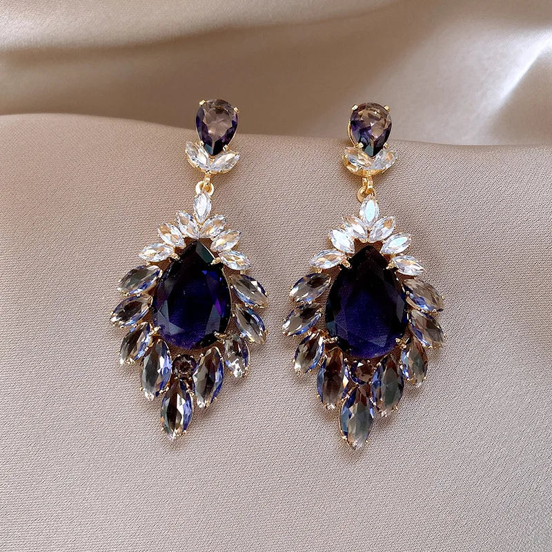 Boucles d'oreilles clip goutte d'eau bleue en cristal vintage | Clips d'oreille strass rétro français