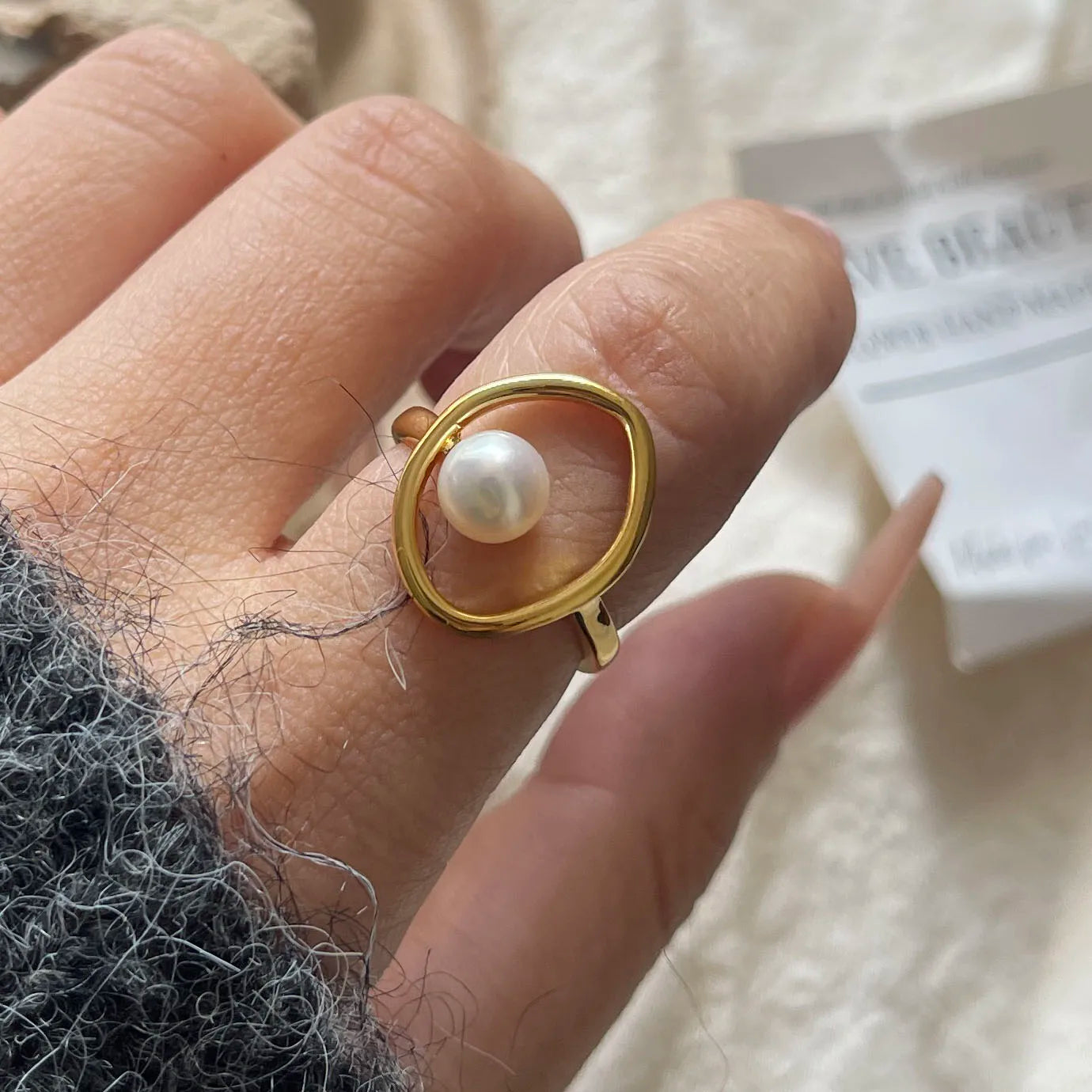 925 Sterling Silver Wide Pearl Open Ring | Vintage Gold Tone | Gift for Women & Men