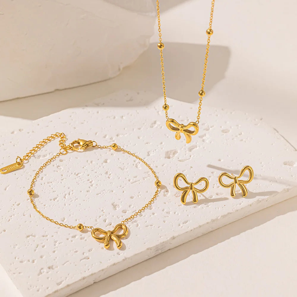 Gold Bowknot Jewelry Set for Women – Necklace, Bracelet & Earrings