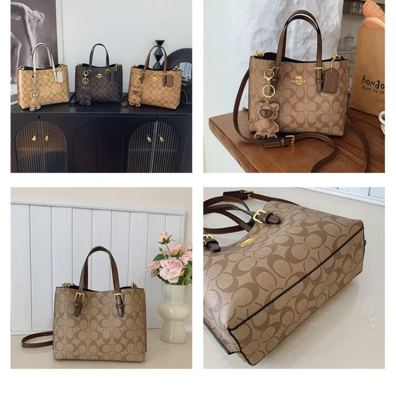 Elegant Monogram Tote Bag | Retro Leather Trim & Detachable Strap