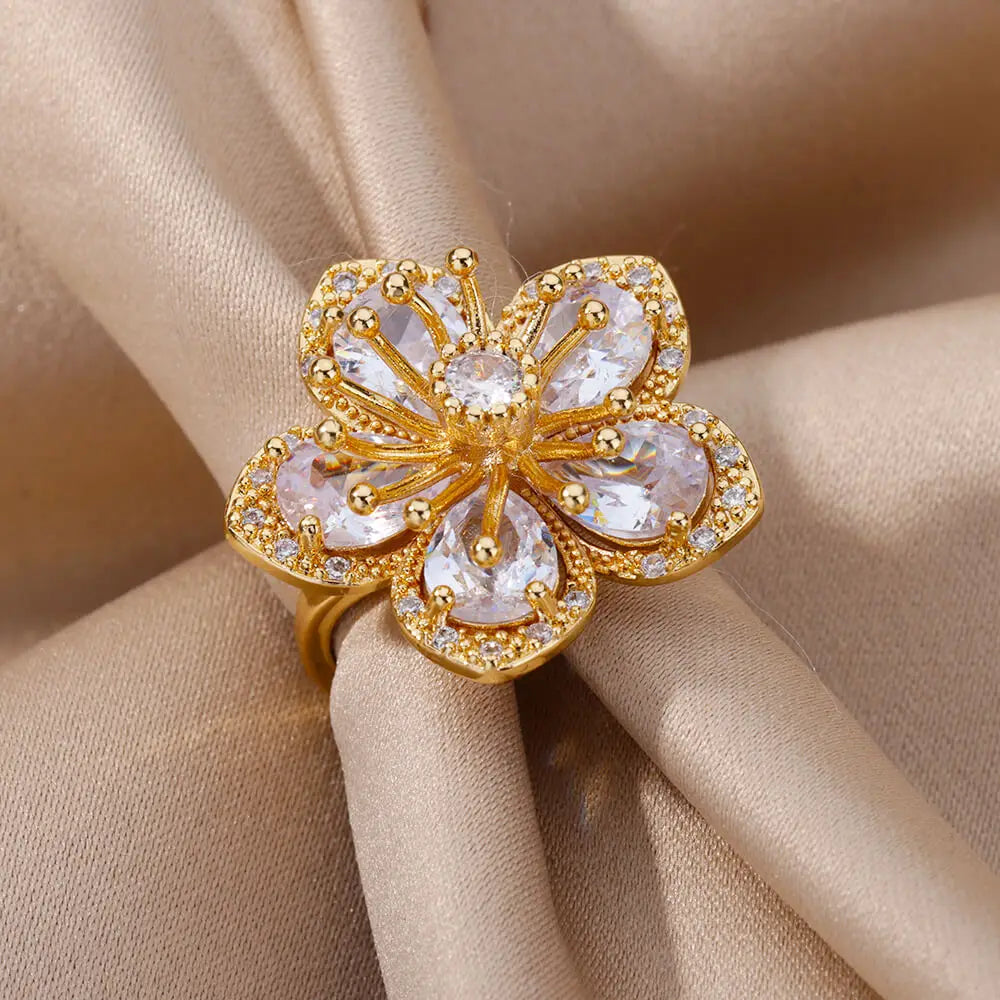 Zircon Flower Ring for Women | Gold Stainless Steel Floral Ring | Elegant Wedding Jewellery