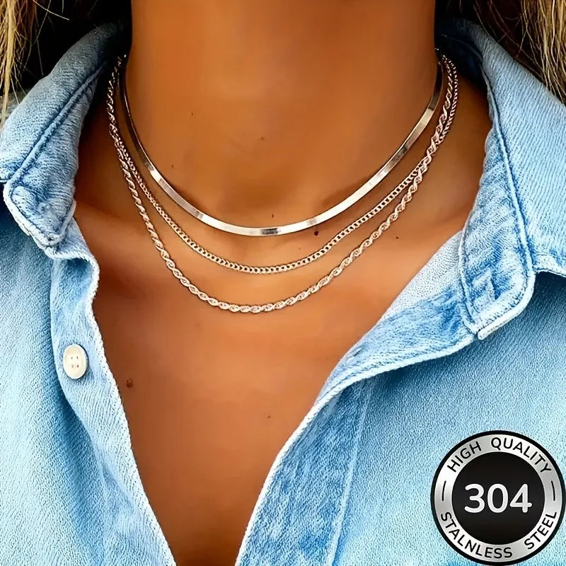 Minimalist Three-Layer Stainless Steel Necklace for Women